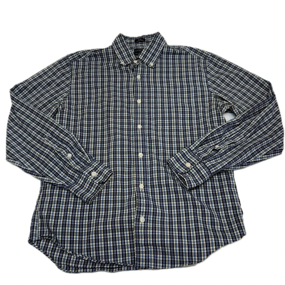 J Crew Shirt Mens Medium Blue Plaid Performance Slim Untucked Preppy Office